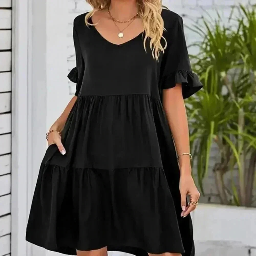 Ruffle Short Sleeve Dress with pockets (Color: Black)